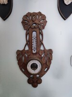 Antik német faragott fa barométer és hőmérő