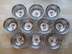 10 db régebbi fajanszbetétes fém tálka 10 cm