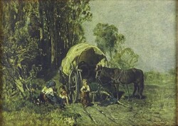 1X084 Mészöly Géza : Utazó szegény család 1881 színes reprodukció aranyozott keretben