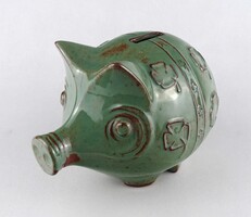 1X088 Nagyméretű zöld mázas Városlődi kerámia malacpersely 23 cm