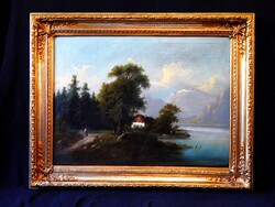 75 x 100 cm-es romantikus táj a 19. szd. közepéről, olaj-vászon festmény kiváló keretben
