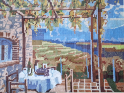 Gobelin kép, goblen tájkép. Kézimunka , keretezve ( nem kicsi!)