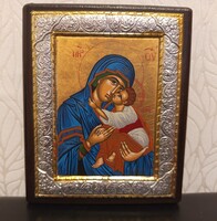 Kézzel festett, bizánci stílusú ikon - Szűz Mária és a kis Jézus.17*14 cm