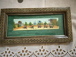 Csontra kézzel festett Keleti kép intarziás keretben.