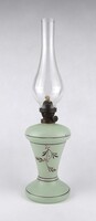 1X015 Régi halványzöld kézzel festett fújt üveg petróleumlámpa cilinderrel 42.5 cm