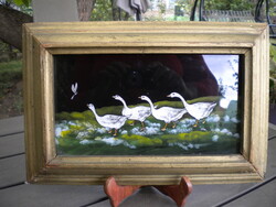 Fordított﻿﻿ üvegfestmény antik kép Libák libasorba Vintage keretben