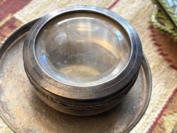 ARGENTOR ALPAKKA, METSZET ÜVEGŰ, FEDELES TÉGELY, DOBOZ 8,5 X 3,7 CM