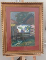 Bényi László falusi ház festmény 58x76 cm kerettel