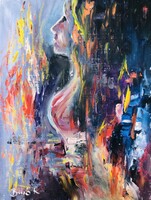 Tűzben égve!  Gyönyörű akt festmény. Olaj farost  20x15 cm.