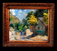 Udvary Dezső (1891-1975) : "Falusi utca",  55x70 cm-es méretben, hibátlan állapotban, keretben