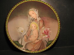 Sulamit Wülfing számozott Bayer porcelán tányér, Madonna kis Jézussal , virágokkal