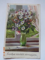 Régi grafikus névnapi üdvözlő képeslap (virágváza az ablakban)