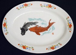 Kínai porcelán tál , hal kínáló , koi ponty és virág mintával 31,5 x 23 x 3cm