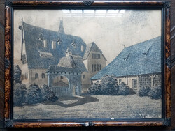 Ceruza/ pasztell grafika, erdélyi ház, udvar,  alkotó ismeretlen