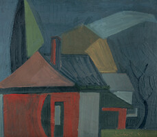 Angyalföldi Szabó Zoltán (1929- 2014): Házak 1974 - olajfestmény, 75 x 85 cm