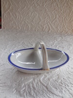 Hollóházi white salt shaker with blue and gold stripe, 14.5 cm