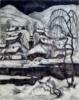 Conrád Gyula (1877 - 1959): "Téli este" szinezett rézkarc, 50 x 40 cm-es hibátlan  keretben