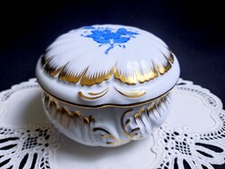 Eredeti Herendi porcelán aranyozott bonbonier, ritka kék Apponyi mintával 12 x 8 cm