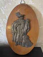 Ritka bronz fali dísz – Juhász a pulijával Magasság: 30 cm (fa talppal, kerettel)