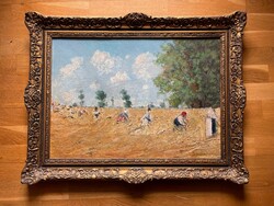 Parányi P. István: Aratás – 20. sz. olaj-karton festmény díszes keretben (74×60 cm)