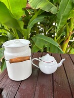 3 literes fehér  tejeskanna és Kávéskanna  , kanna Zománcos Zománcozott nosztalgia darab paraszti