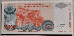 Szerb Krajinai Köztársaság 5 000000  dinár jugoszláv háborúk idejéből.