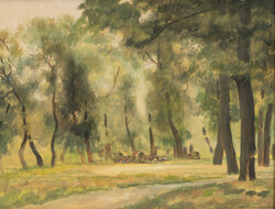 Zádor István (1882-1963): Szolnoki parkrészlet, 1935 - akvarell, 44 x 58 cm