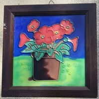 Colorful, enameled glass picture in wooden frame with cheerful floral motif. Size: 19x19 cm.