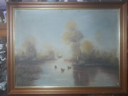 Márton Béla?,Olaj-Vászon Erdei Tó Tájkép,Vadkacsákkal Festmény.60 x 80 cm.