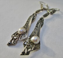 Nagyon különleges régi kézműves ezüst fülbevaló gyöngyökkel, markazitokkal