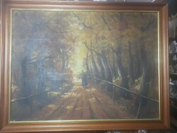 Márton,Olaj-Vászon Erdei Tájkép,Rőzsehordó Nő Festmény.60 x 80 cm.