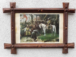 Gyönyörű antik Tramp Art stílusú nagy méretű faragott keret, képkeret, 71x51cm