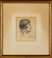 Gábor Móric (1889 - 1987): Női portré - ceruzarajz keretben, 17 x 14 cm