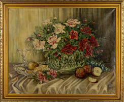 Keszler Rezső (?-?): Rózsás csendélet - olajfestmény 80 x 101 cm
