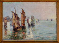 Illegible signature: Sailing ships - oil painting 32 x 45.5 cm
