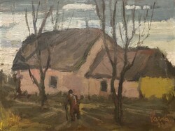 Farkas Lajos: Magányos ember háza - olaj, karton