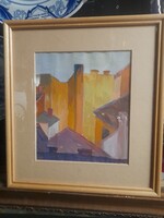 Kapos Nándor(1897-1978): Utca Háztetők Látkép,Tempera Jelzett, hibátlan festmény.20 x 23.5 cm.