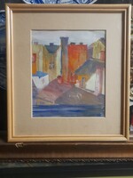 Kapos Nándor(1897-1978): Utca Háztetők Látkép,Tempera Jelzett, hibátlan festmény.20 x 23.5 cm.