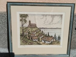 Conrad Gyula (1877-1959): Tihany, színezett rézkarc 1957. - 38 x 29 cm