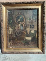 Apátfalvi Czene János (1904-1984): Polgári enteriőr, olaj vásznon, 38 x 48 cm