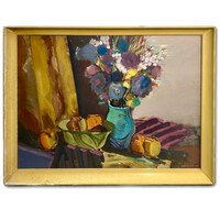 Dobrovits Ferenc (1941-1988) Asztali csendélet virágokkal és gyümölcsökkel, 1975 - Képcsarnokos kép