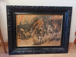 Benyovszky István festménye lángoló házak ,támadó lovas katonákkal
