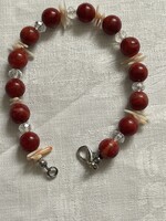 Elegáns valódi szivacs korall, púder korall ágak, kristály karkötő.