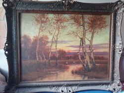 Vitéz Sashegyi Kálmán festménye,mocsaras táj, gólyával