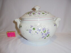 Antik, ibolyás fedeles porcelán leveses tál, komatál