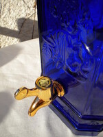 Borkút, dekoratív domborműves palack, kék, 5 literes üveg italadagoló csappal