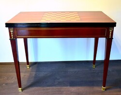 XIX. sz. SAKK-KÁRTYA-JÁTÉK ASZTAL, INTARZIÁS ÉS KINYITHATÓ BŐVÍTHETŐ ASZTALLAPPAL