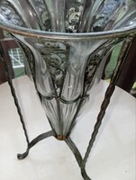 Nagyon szép, Art deco, kovácsoltvas keretbe fújt, üveg váza 1960-as évekből