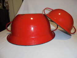 Két darab régi, piros zománcos vajling együtt - Lampart, Budafok - népi, paraszti