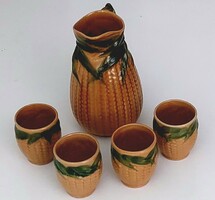 RETRO kukoricás, majolika boroskancsó 4 pohárral, hibátlan